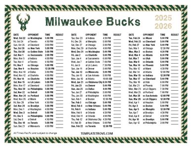 Milwaukee Bucks Schedule Printable