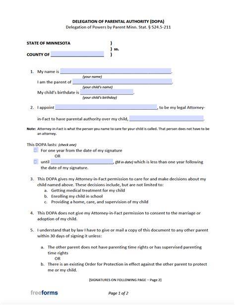 Minnesota Minor Child Power Of Attorney Free Printable Form