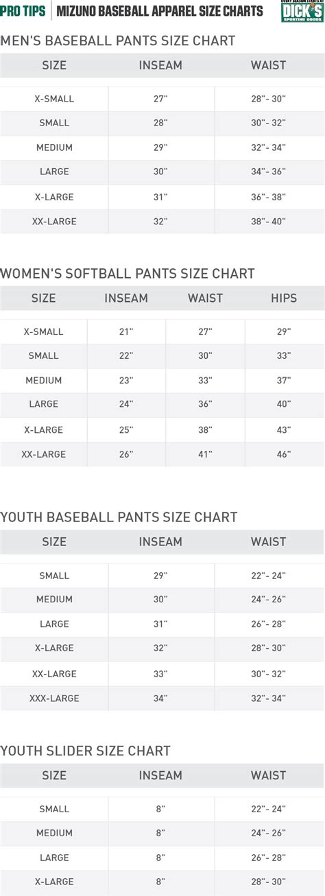 Mizuno Size Chart Baseball Pants
