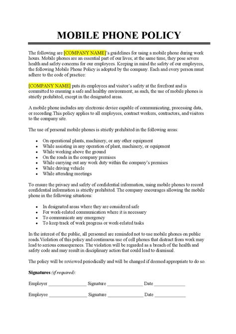 Mobile Phone At Work Policy Template