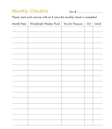 Monthly Checklist Template