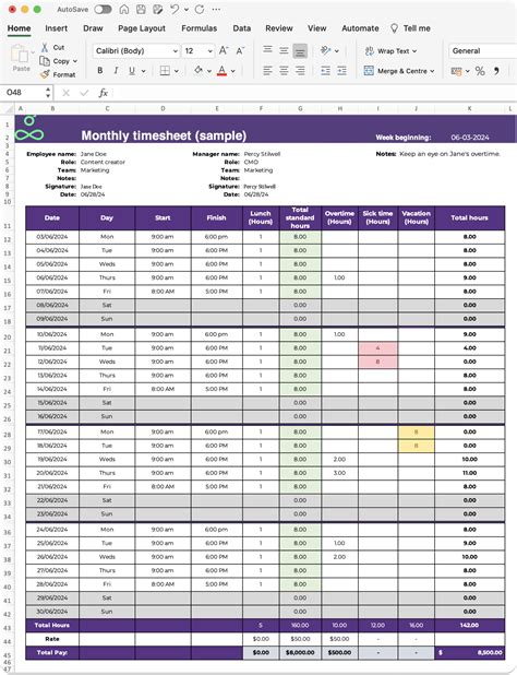 Monthly Timesheet Template Excel