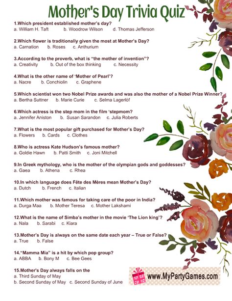 Mothers Day Trivia Questions And Answers Printable