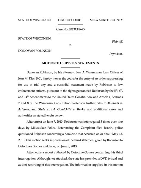 Motion To Suppress Evidence Template