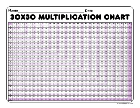 Multiplication Chart 30x30