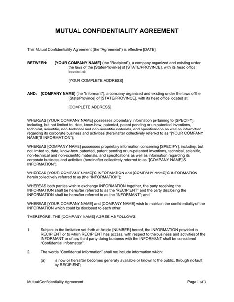 Mutual Confidentiality Agreement Template