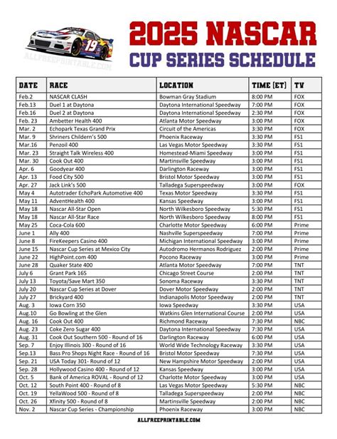 Nascar Schedule Printable