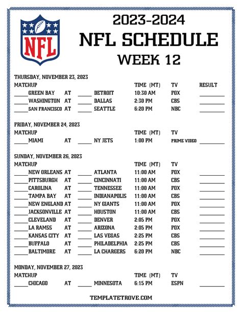 Nfl Schedule Week 12 Printable