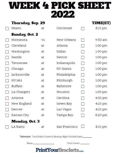 Nfl Week 4 Printable Bracket