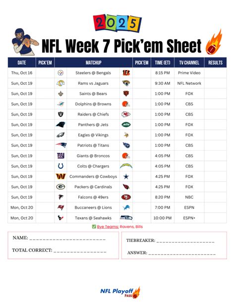 Nfl Week 7 Printable Pick Sheet