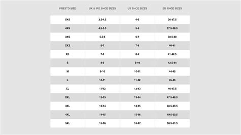 Nike Presto Shoe Size Chart