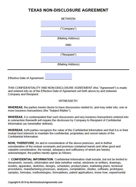 Non Disclosure Agreement Texas Template