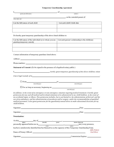Notarized Printable Temporary Guardianship Agreement Form
