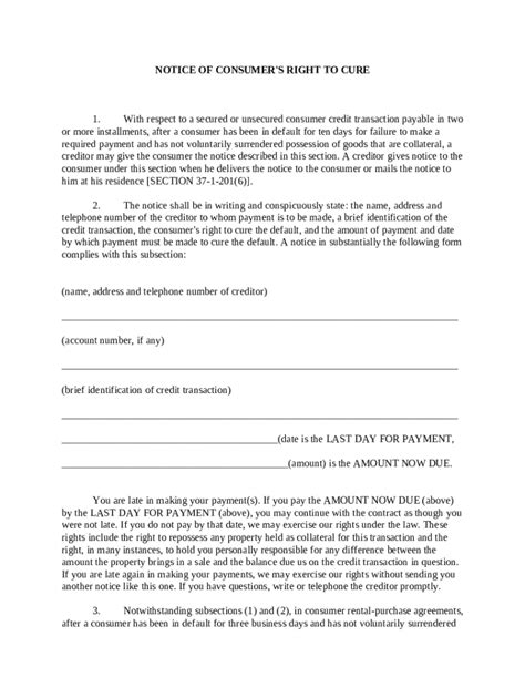 Notice Of Consumers Right To Cure Form Printable Form