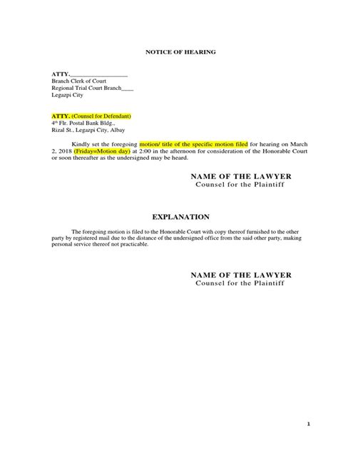 Notice Of Hearing Template