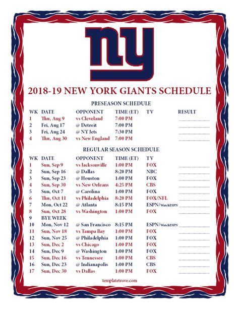 Ny Giants Football Schedule Printable