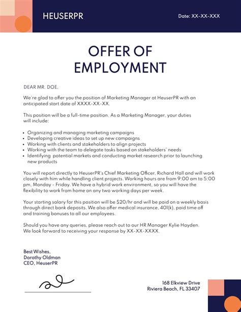 Offer Letter Of Employment Template