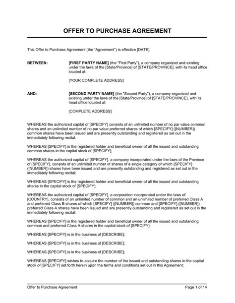 Offer To Purchase Business Agreement Template