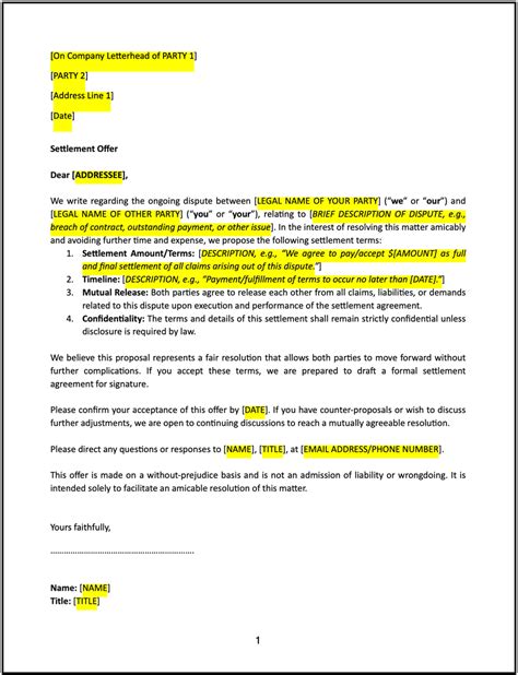 Offer To Settle Letter Template