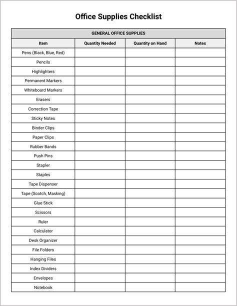 Office Supplies Checklist Template