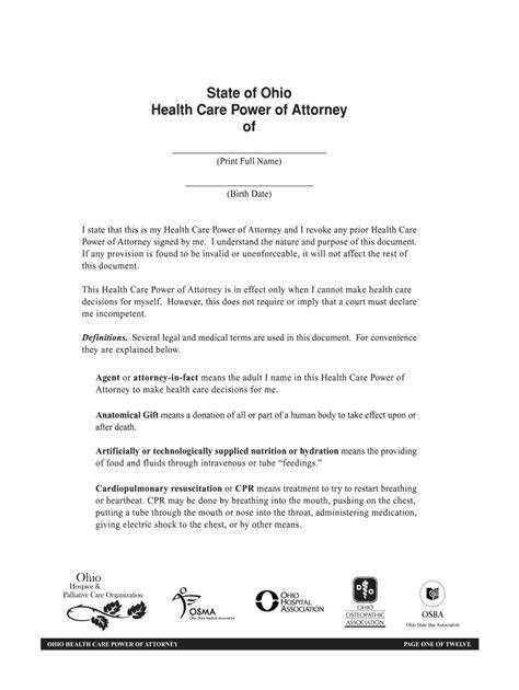 Ohio Health Care Power Of Attorney Printable Form