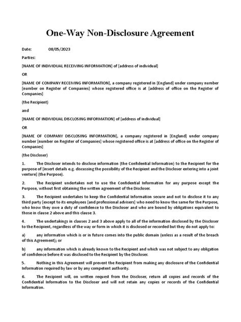 One Way Non Disclosure Agreement Template For Land Development