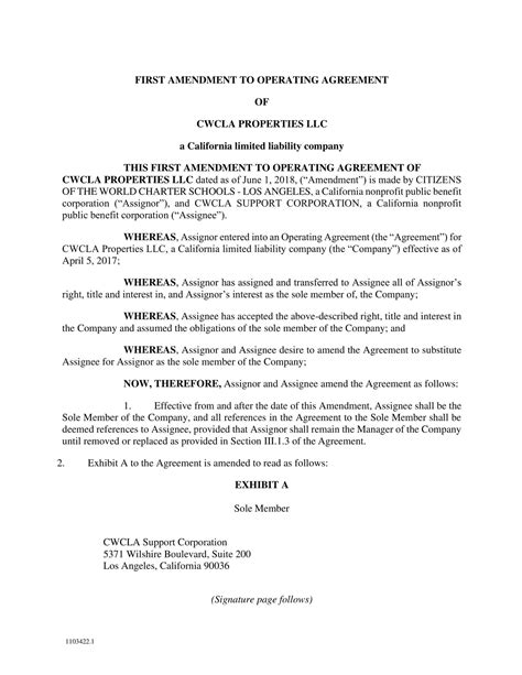 Operating Agreement Amendment Template