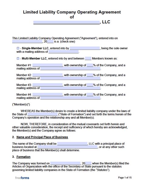 Operating Agreement For Llc Template Free