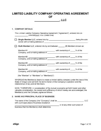 Operating Agreement Llc Oregon Template