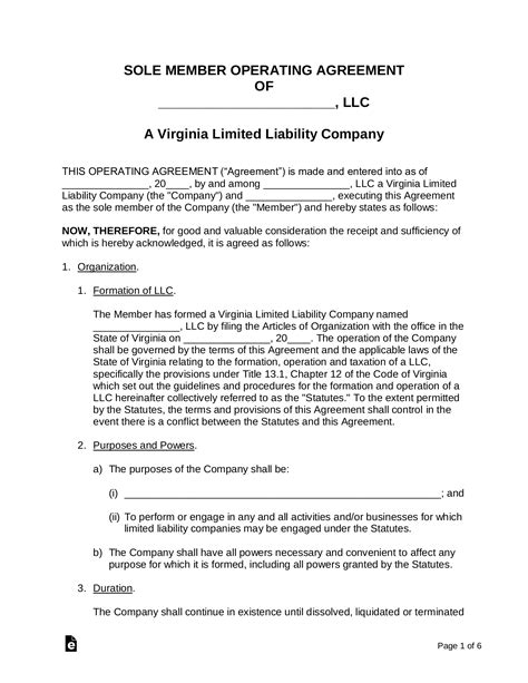 Operating Agreement Llc Virginia Template