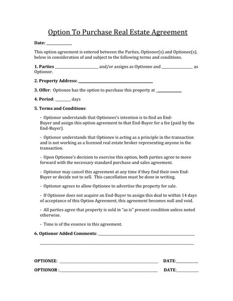 Option To Purchase Agreement Template
