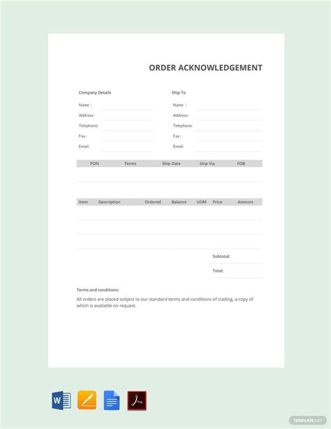 Order Acknowledgement Template