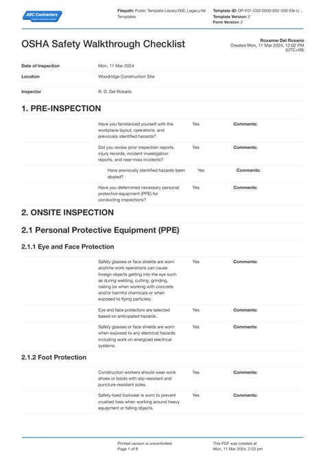 Osha Safety Checklist Template