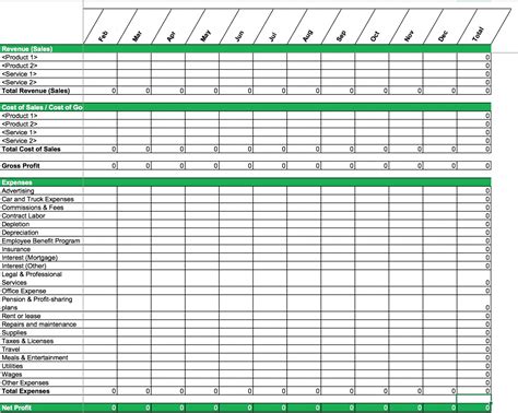 P&l Excel Template Free