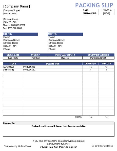 Packing Slip Template Excel