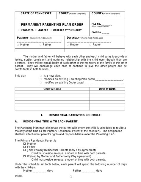 Parenting Plan Template Tn
