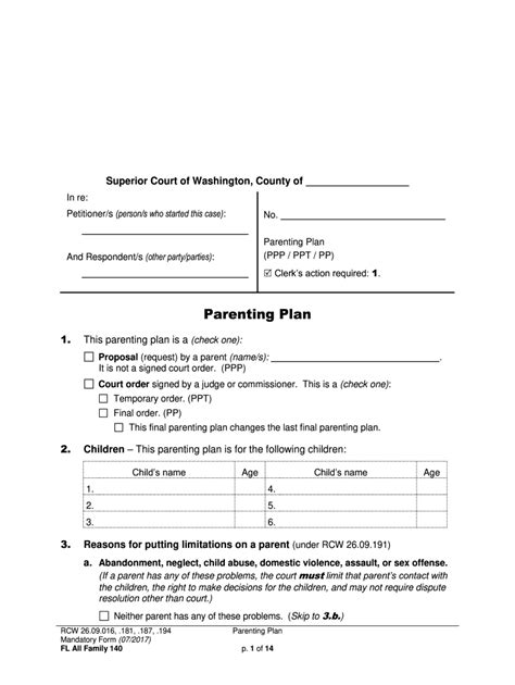 Parenting Plan Template Wa