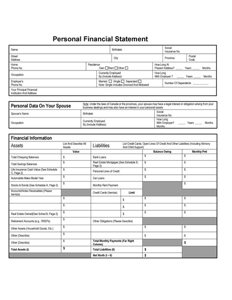 Personal Financial Statement Free Template