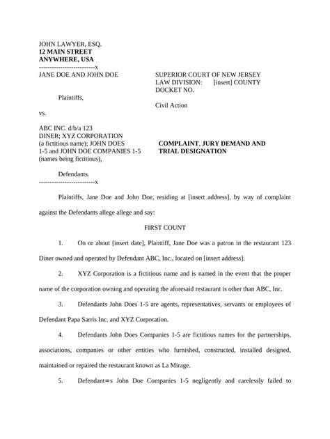 Personal Injury Complaint Template