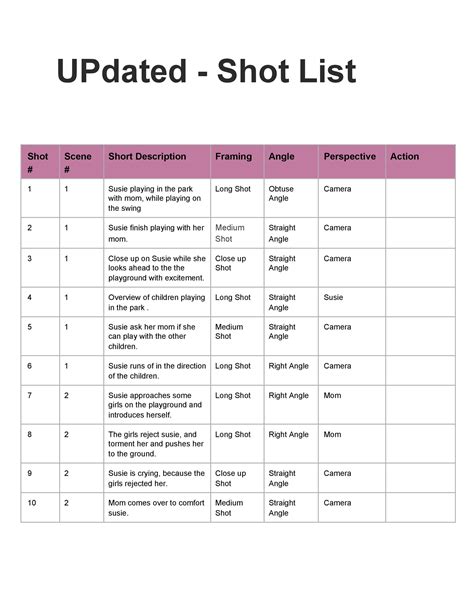 Photoshoot Shot List Template