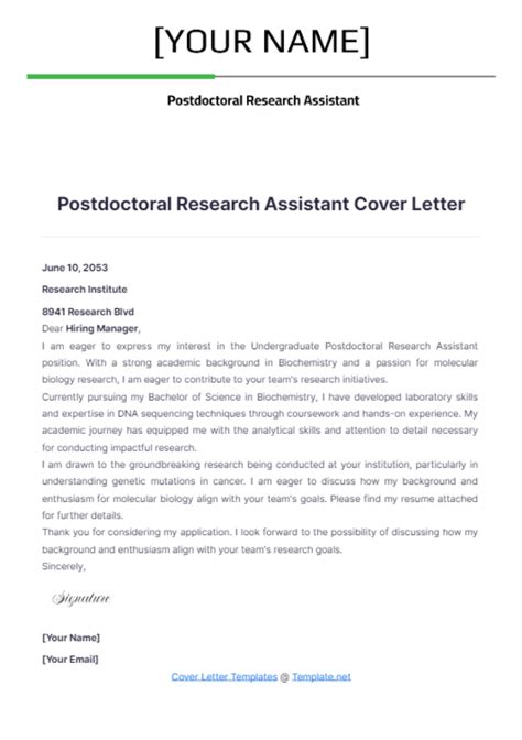 Postdoctoral Cover Letter Template
