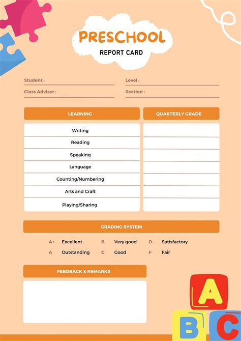 Preschool Report Card Template