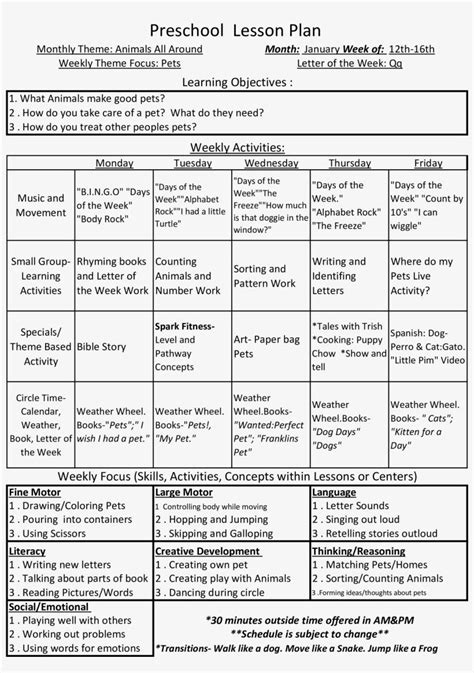 Preschool Unit Plan Template