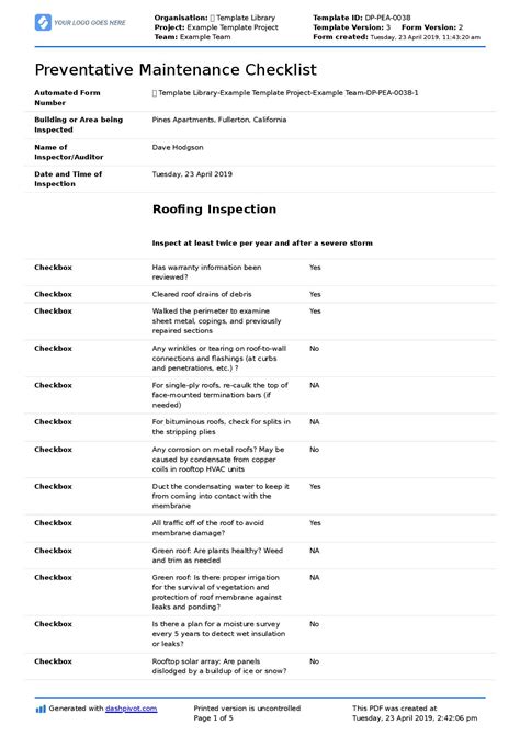 Preventative Maintenance Checklist Template