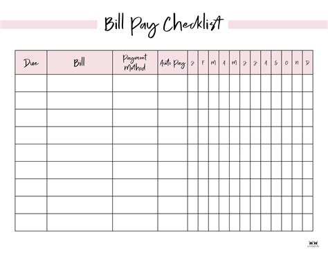 Printable Bill Tracker