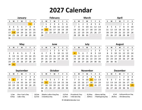 Printable Calendar 2027
