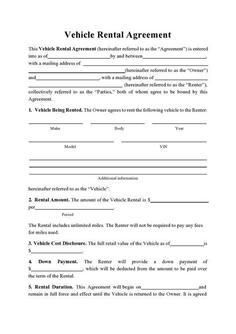 Printable Car Rental Agreement Form