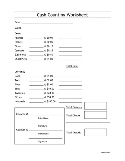 Printable Cash Count Sheet