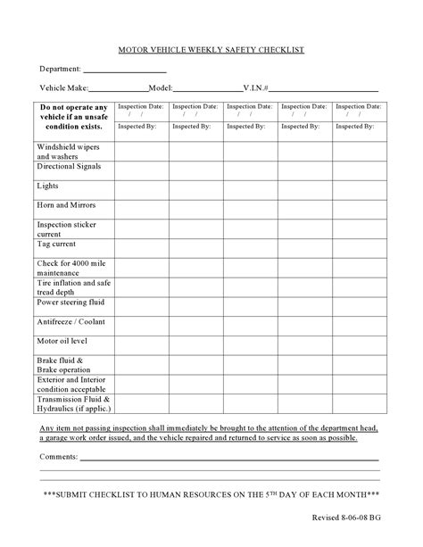 Printable Company Vehicle Inspection Checklist
