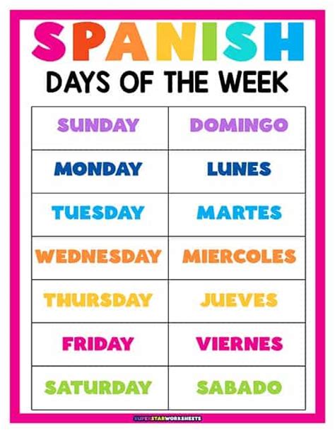 Printable Days Of The Week In Spanish
